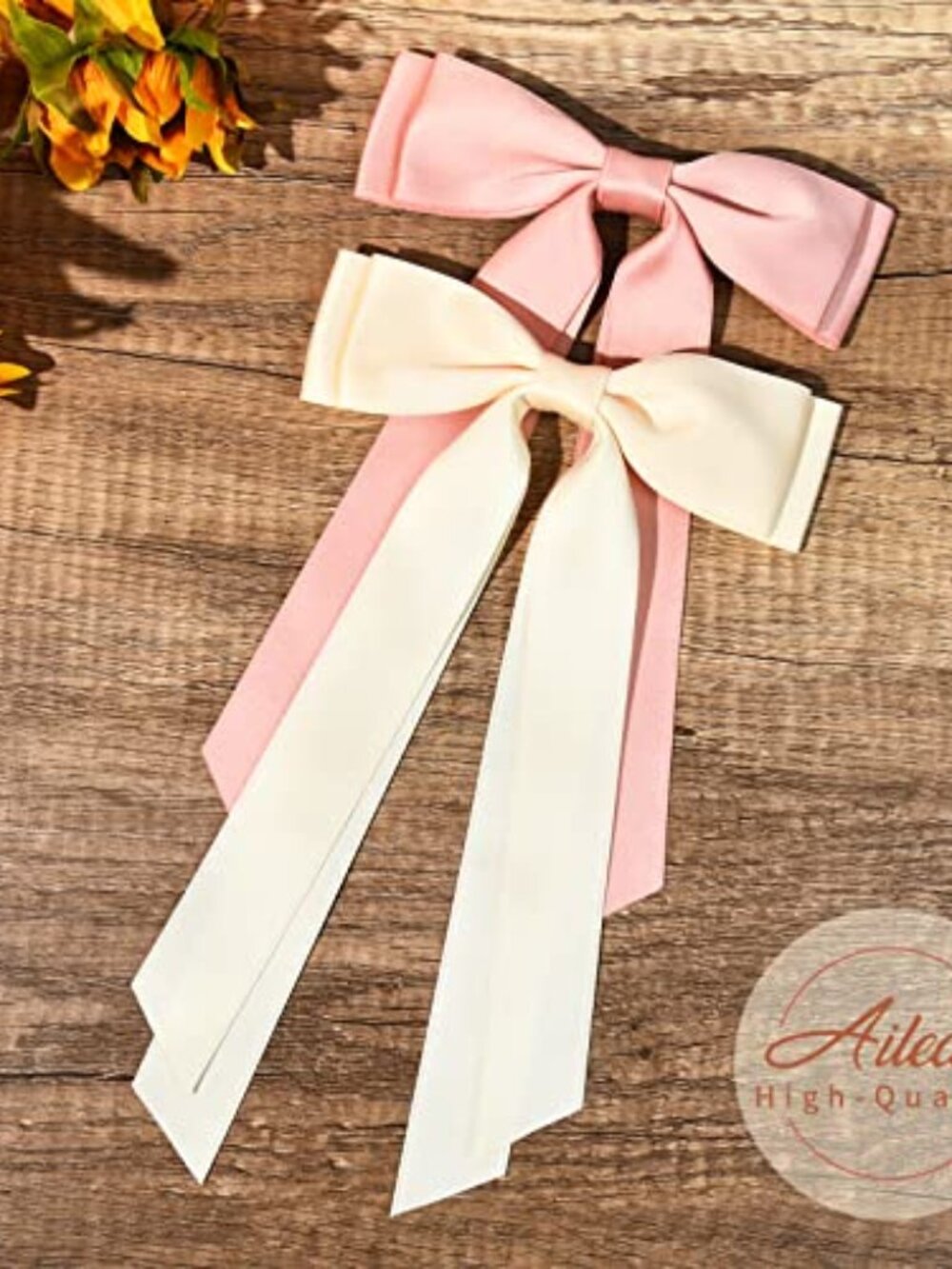 2PCS Silky Satin Hair Bows Hair Clip Beige Pink Hair Ribbon Ponytail Holder